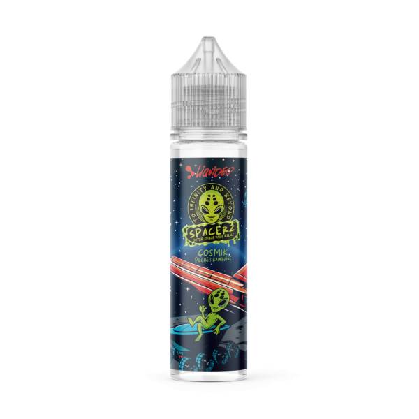 E-liquide Cosmik Pêche Framboise 50 ml Spacerz by Liquideo, flacon grand format saveur pêche et framboise.