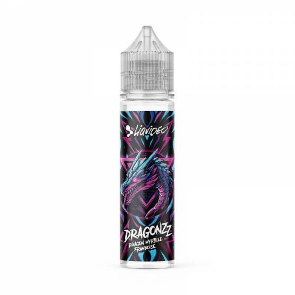 E-liquide Dragon Myrtille Framboise 50 ml Dragonzz by Liquideo, flacon grand format saveurs myrtille, framboise et fruit du dragon.