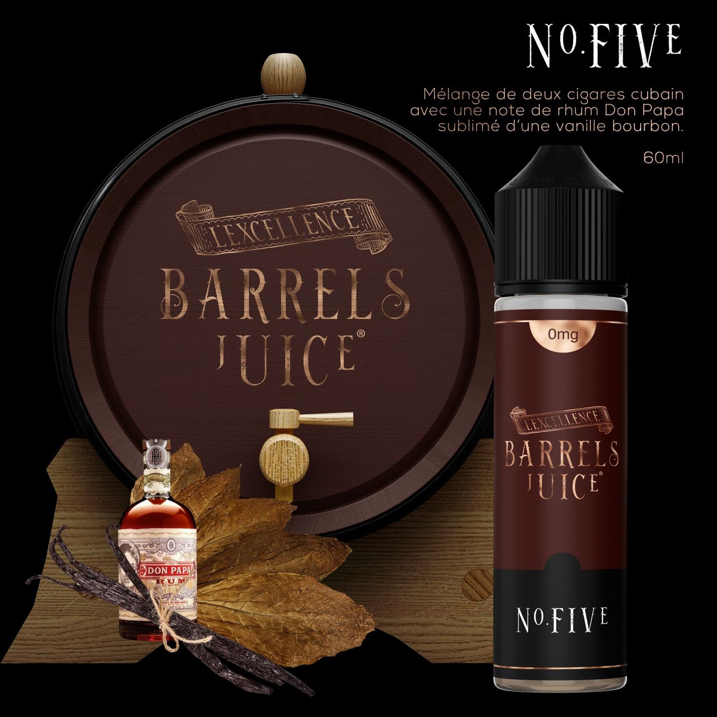 "E-liquide Tabac N° Five 60 ml Barrels Juice, saveur tabac pour cigarette électronique"