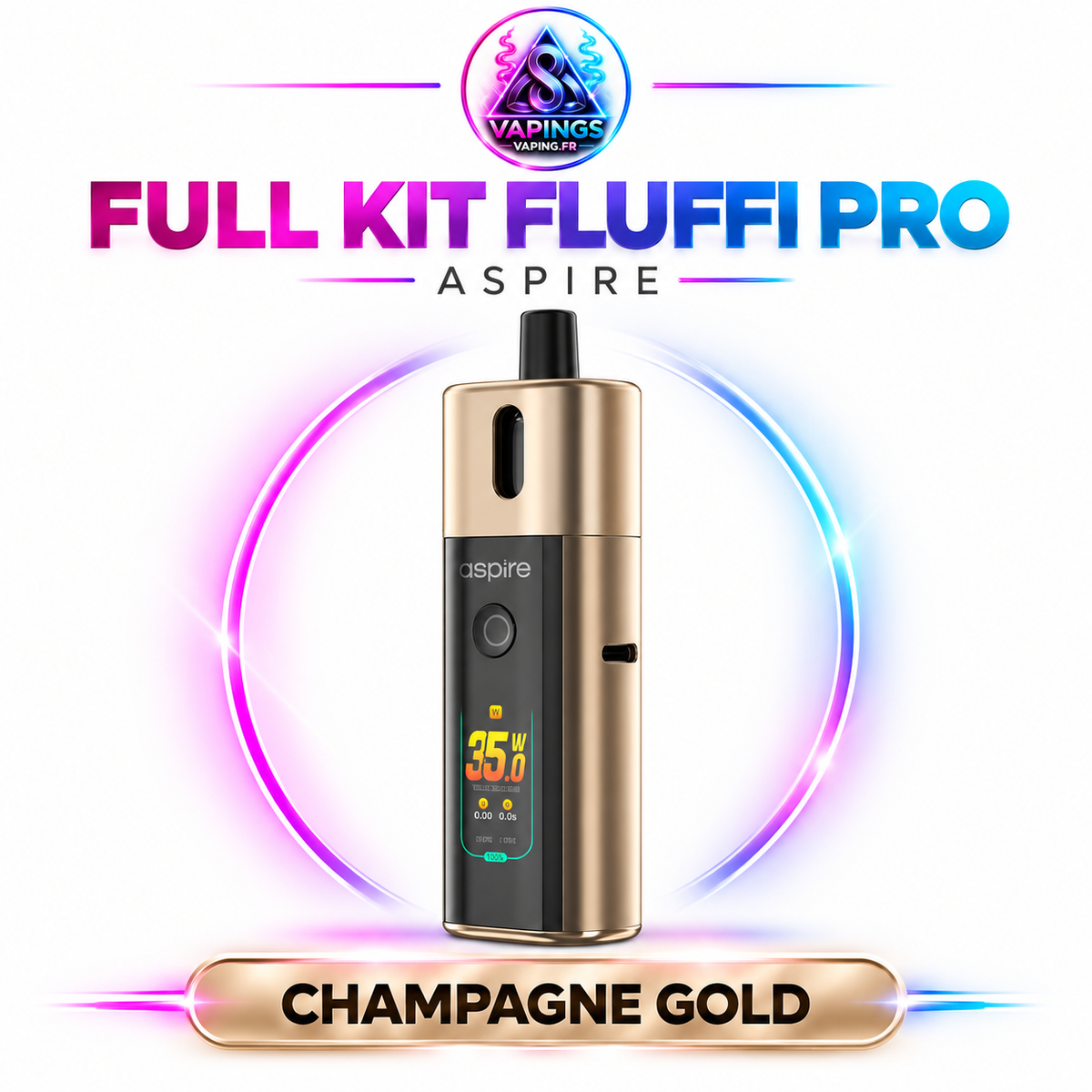 Full Kit Fluffi Pro Aspire – cigarette électronique Champagne Gold – Vapings.fr
