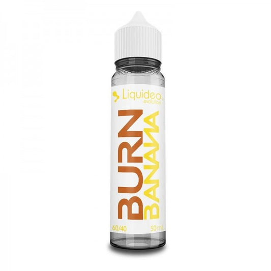 E-liquide Burn Banana 50 ml Liquideo, flacon grand format saveurs banane flambée, caramel et notes gourmandes.