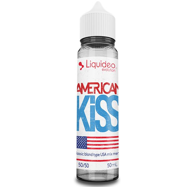 E-liquide American Kiss 50 ml Liquideo, flacon grand format saveur classic blond américain aux notes douces et légèrement caramélisées.