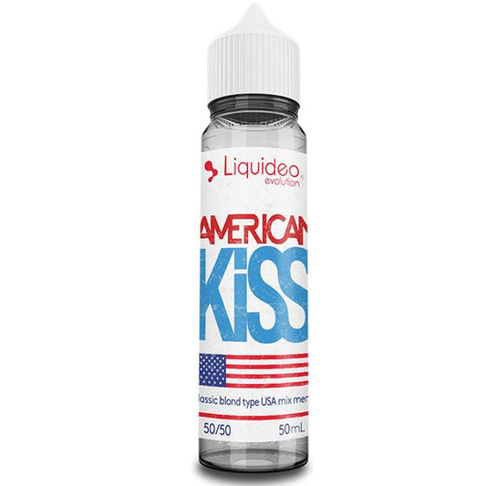 E-liquide American Kiss 50 ml Liquideo, flacon grand format saveur classic blond américain aux notes douces et légèrement caramélisées.