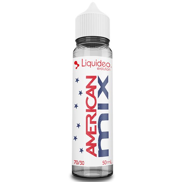 E-liquide American Mix 50 ml Liquideo, flacon grand format saveur classic blond américain aux notes douces et légèrement grillées.
