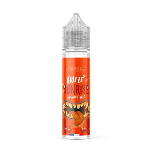 E-liquide Freeze Sunrise Orange Fraise 50 ml Liquideo, flacon grand format saveurs orange, fraise et fraîcheur intense.