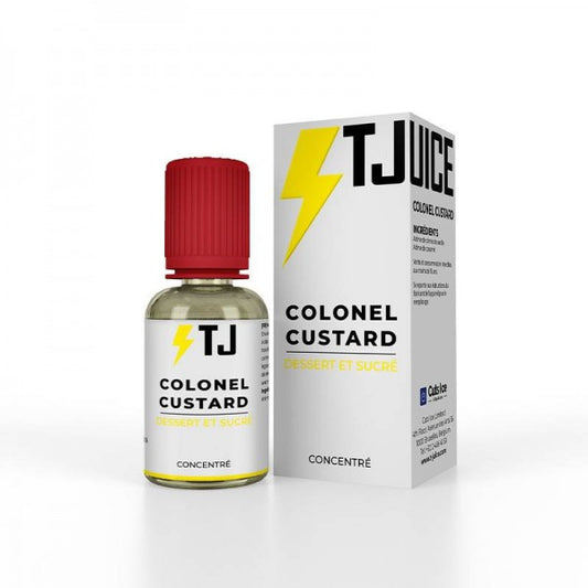 Concentré pour Diy Colonel Custard 30 ML de Tjuice. Cette fois-ci, les vapoteurs gloutons seront sous l’emprise d’une succulente&nbsp;crème à la vanille. Avec des bouffées aussi exquises qu’onctueuses, vous survolerez un véritable paradis sucré. Disponible sur www.vapings.fr à 11€90