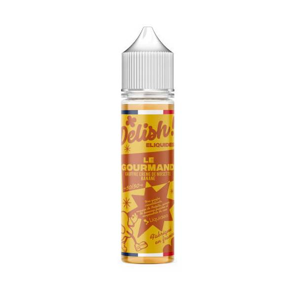 E-liquide Le Gourmand 50 ml Delish by Liquideo, flacon grand format saveurs gaufre, crème de noisette et banane caramélisée.