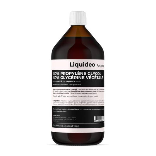 Base neutre Liquideo Factory 1 L PG/VG 70/30, 50/50, 30/70 idéale pour fabriquer des e-liquides DIY pour cigarette électronique. Disponible sur www.vapings.fr à 15€99