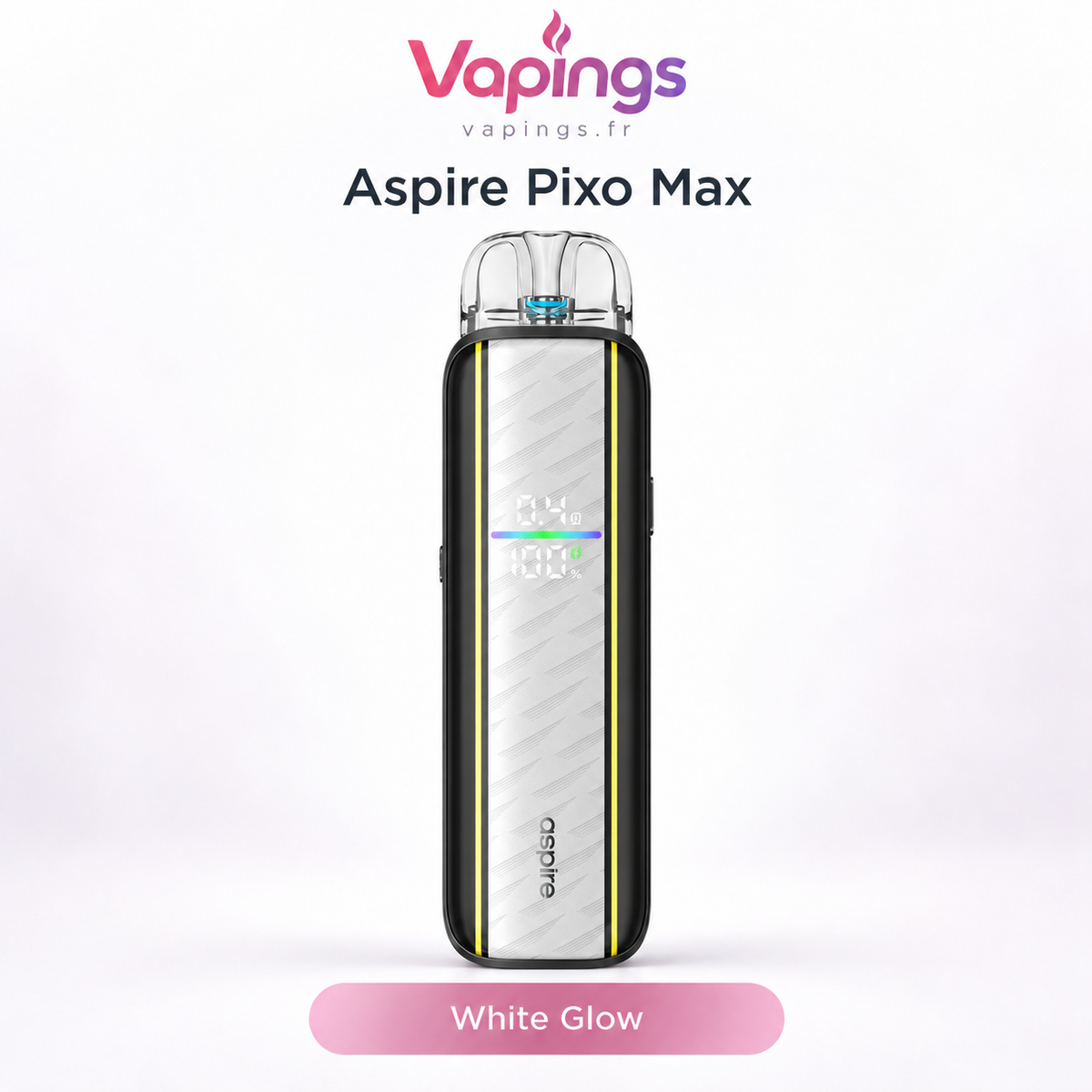 Kit cigarette électronique Aspire Pixo Max White Glow, finition blanche – Vapings.fr