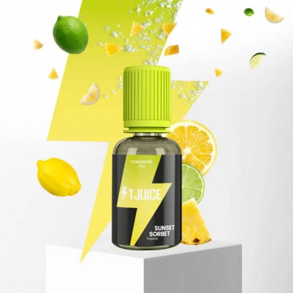 Le&nbsp;concentré Sunset Sorbet 30ml – T-Juice New Collection&nbsp;viendra stimuler vos papilles avec un duo de&nbsp;citron jaune&nbsp;et de&nbsp;citron vert. Un&nbsp;ananas généreux et intense&nbsp;saura vous faire partager sa douceur parfumée tandis que le&nbsp;sorbet&nbsp;s’immiscera pour vous givrer de plaisir ! Disponible sur www.vapings.fr  11€90