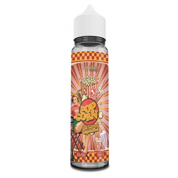 E-liquide Pop Corn Caramel 50 ml Liquideo, flacon grand format saveurs pop-corn caramélisé et caramel gourmand.