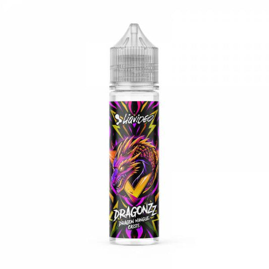 E-liquide Dragon Mangue Cassis 50 ml Dragonzz by Liquideo, flacon grand format saveurs mangue, cassis et fruit du dragon.