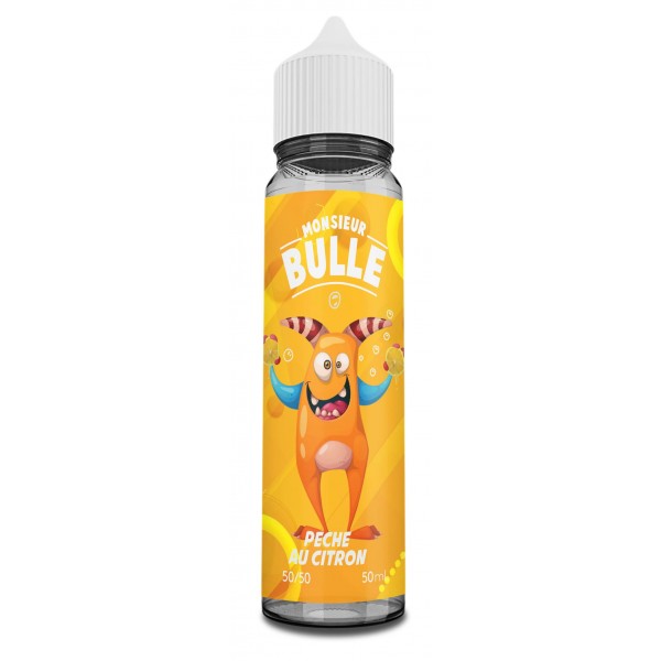 E-liquide Pêche au Citron 50 ml Mr Bulle, flacon grand format saveurs pêche juteuse et citron acidulé.