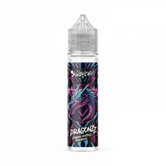 E-liquide Dragon Myrtille Framboise 50 ml Dragonzz by Liquideo, flacon grand format saveurs myrtille, framboise et fruit du dragon.