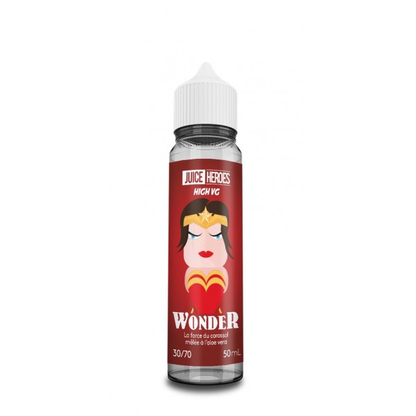 E-liquide Wonder 50 ml Juice Heroes, flacon grand format saveurs fruits rouges, cassis et limonade pétillante.