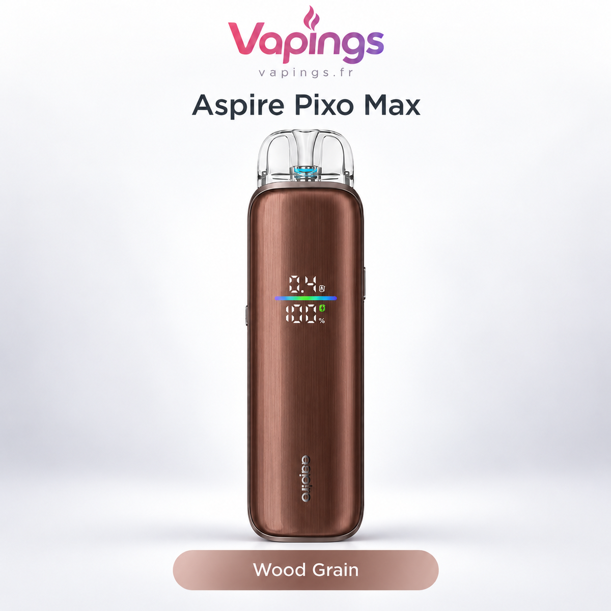 Pod Aspire Pixo Max Wood Grain, finition marron effet bois, avec écran en façade et cartouche transparente.

