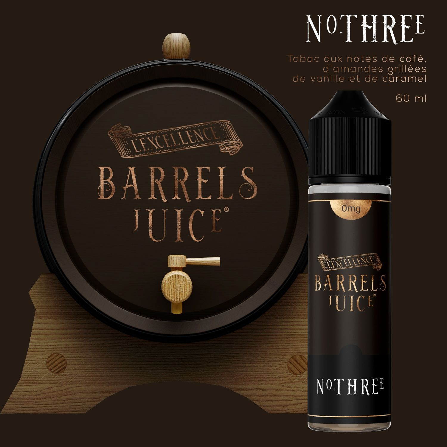"E-liquide Tabac N° Three 60 ml Barrels Juice, saveur tabac pour cigarette électronique"

