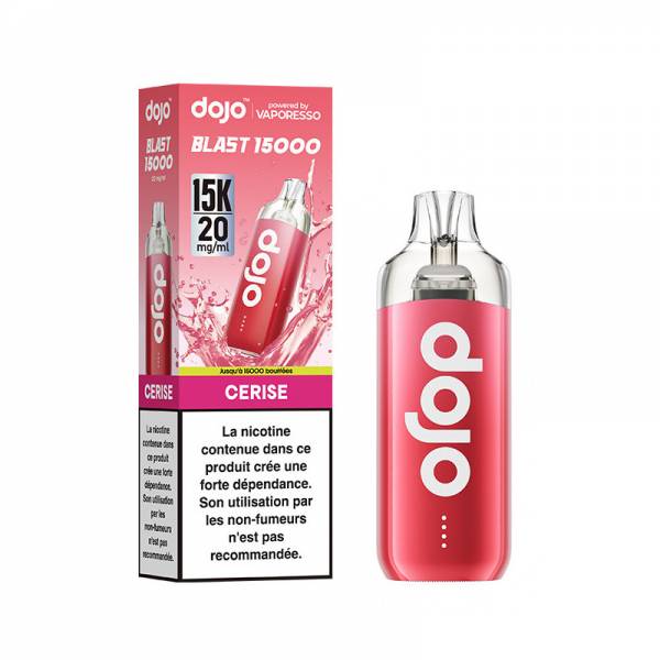 Puff Dojo Blast 15K Vaporesso Cerise 20 mg/ml, appareil rose avec sa boîte.
