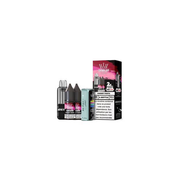 Kit Cubic 30K Al Fakher Cherry Fiesta avec appareil, cartouche, deux flacons d’e-liquide et boîte.