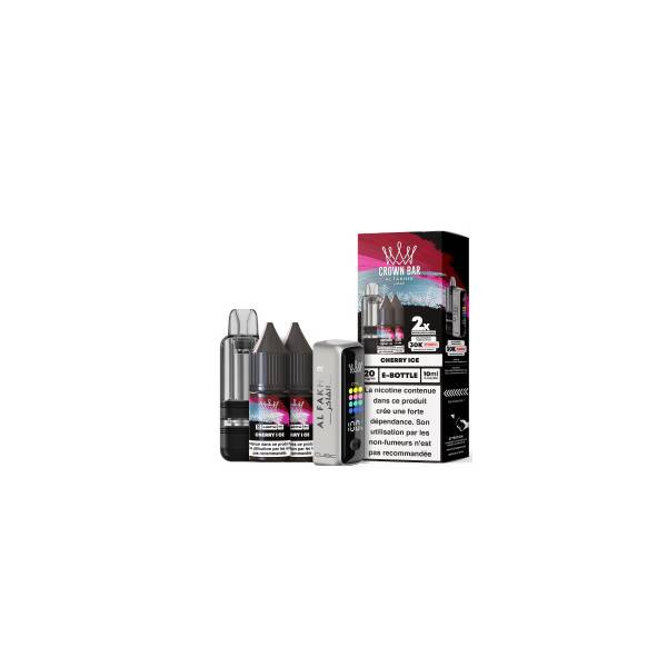 Kit Cubic 30K Al Fakher Cherry Ice avec appareil, cartouche, deux flacons d’e-liquide et boîte.
