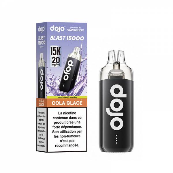 Puff Dojo Blast 15K Vaporesso Cola Glacé 20 mg/ml, appareil noir avec sa boîte.
