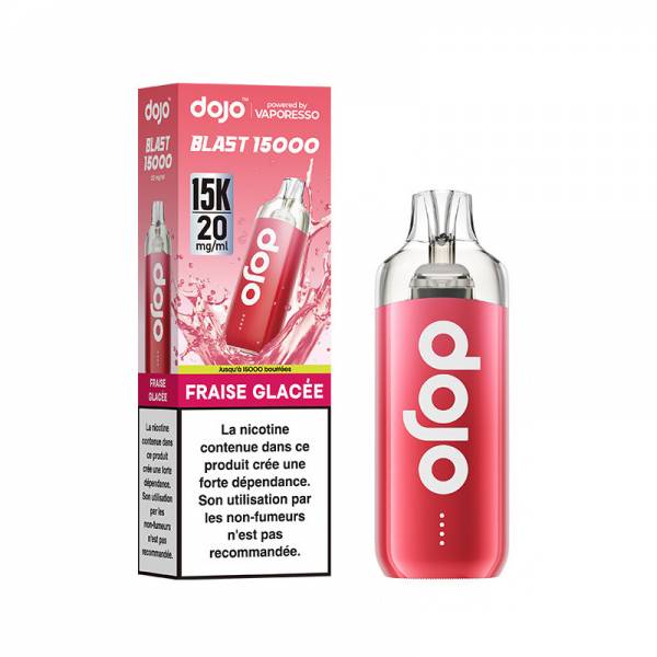Puff Dojo Blast 15K Vaporesso Fraise Glacée 20 mg/ml, appareil rose avec sa boîte.
