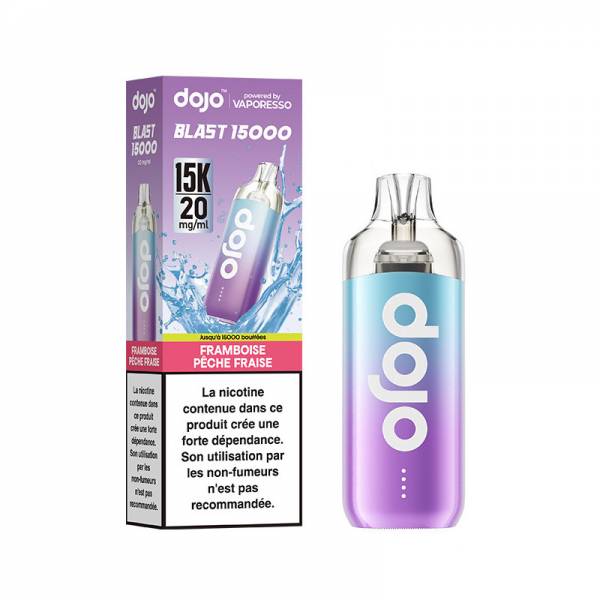 Puff Dojo Blast 15K Vaporesso Framboise Pêche Fraise 20 mg/ml, appareil bleu et violet avec sa boîte.
