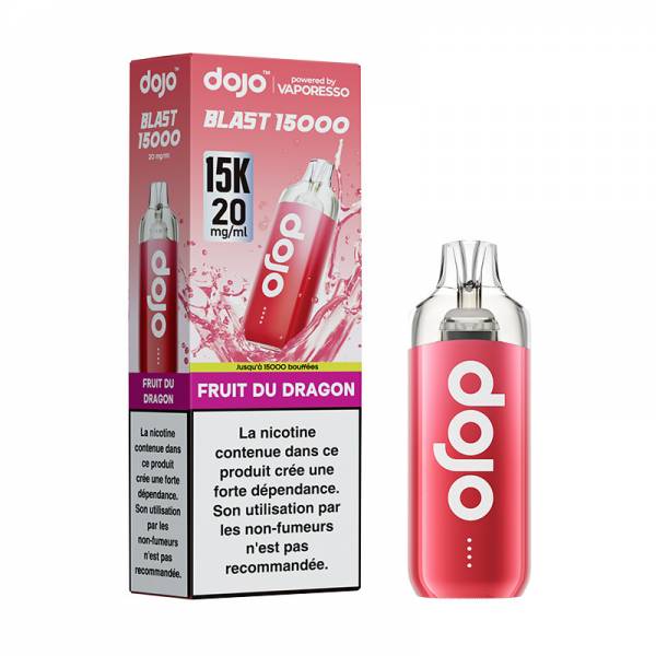 Puff Dojo Blast 15K Vaporesso Fruit du dragon 20 mg/ml, appareil rose avec sa boîte.
