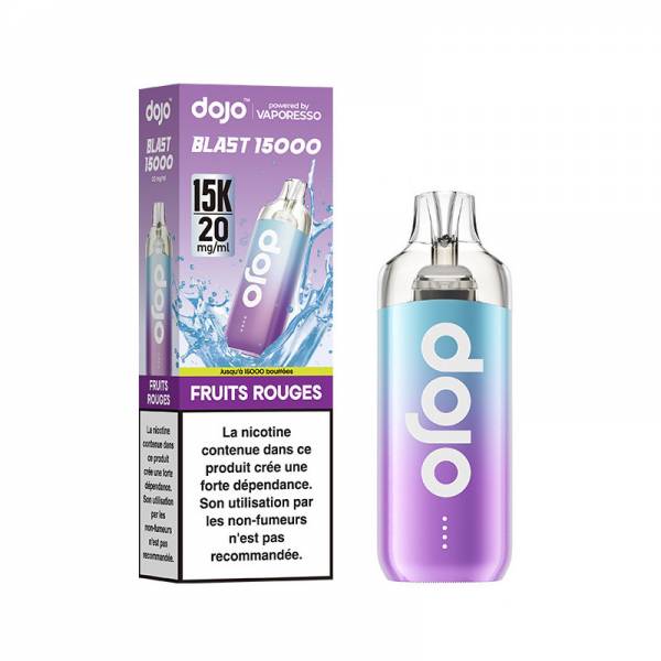 Puff Dojo Blast 15K Vaporesso Fruits Rouges 20 mg/ml, appareil bleu et violet avec sa boîte.
