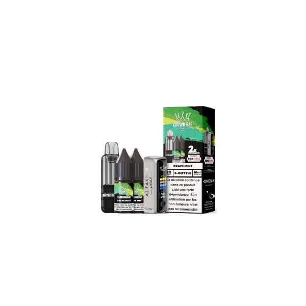 Kit Cubic 30K Al Fakher Grape Mint avec appareil, cartouche, deux flacons d’e-liquide et boîte.