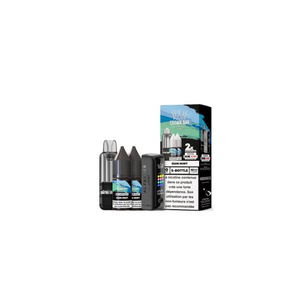 Kit Cubic 30K Al Fakher Gum Mint avec appareil, cartouche, deux flacons d’e-liquide et boîte.