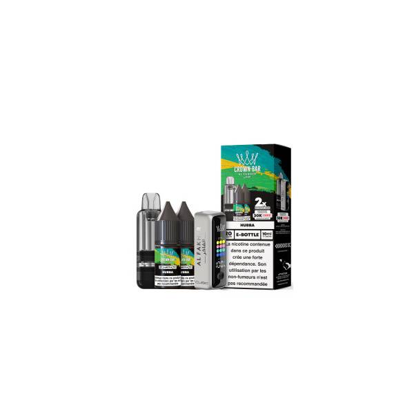 Kit Cubic 30K Al Fakher Hubba avec appareil, cartouche, deux flacons d’e-liquide et boîte.