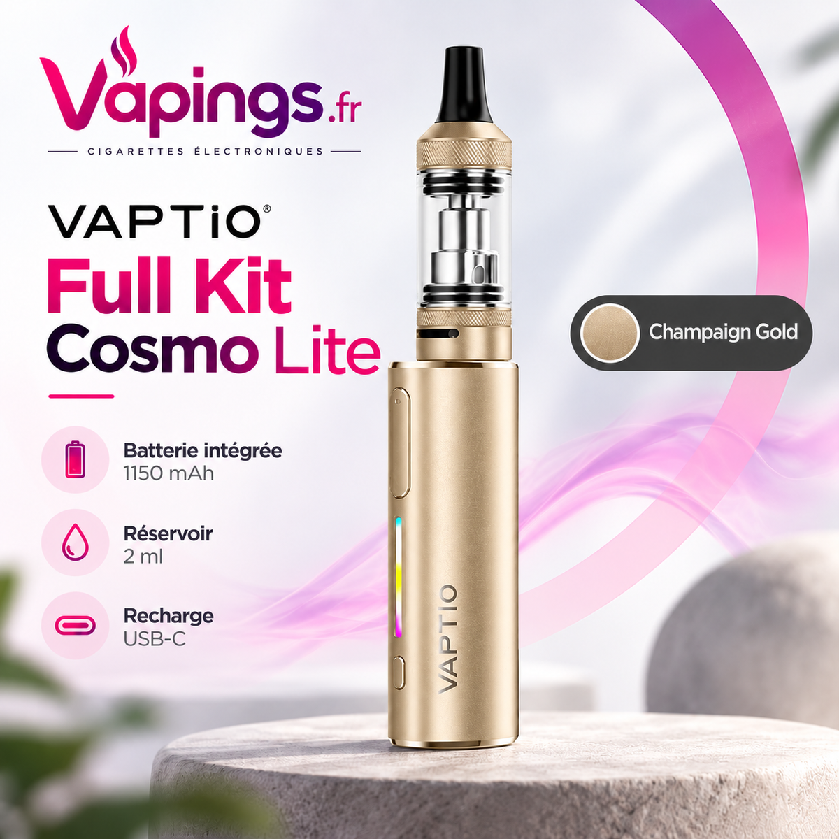 Kit cigarette électronique Vaptio Cosmo Lite couleur Champaign Gold – Vapings.fr