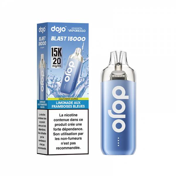 Puff Dojo Blast 15K Vaporesso Limonade Framboises Bleues 20 mg/ml, appareil bleu avec sa boîte.
