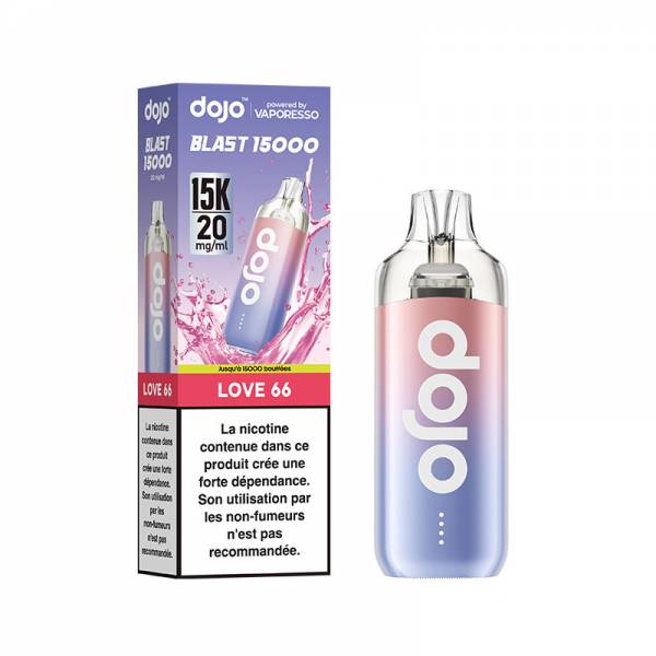 Puff Dojo Blast 15K Vaporesso Love 66 20 mg/ml, appareil rose et bleu avec sa boîte.
