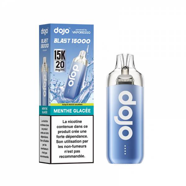 Puff Dojo Blast 15K Vaporesso Menthe Glacée 20 mg/ml, appareil bleu avec sa boîte.
