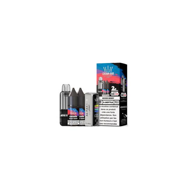Kit Cubic 30K Al Fakher Mixed Berry avec appareil, cartouche, deux flacons d’e-liquide et boîte.