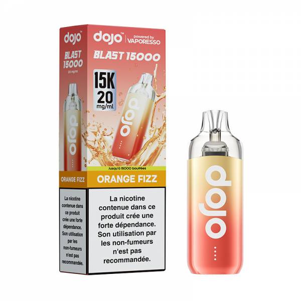 Puff Dojo Blast 15K Vaporesso Orange Fizz 20 mg/ml, appareil jaune et orange avec sa boîte.
