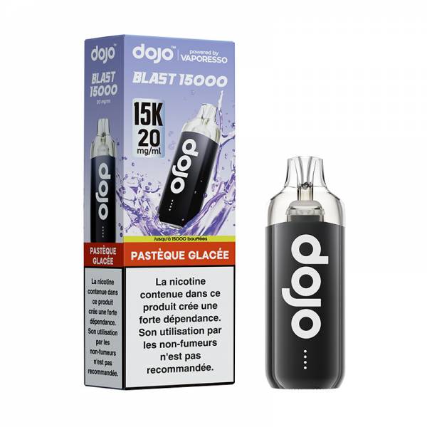 Puff Dojo Blast 15K Vaporesso Pastèque Glacée 20 mg/ml, appareil noir avec sa boîte.
