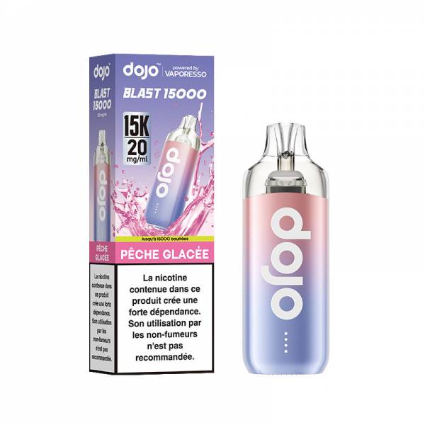 Puff Dojo Blast 15K Vaporesso Pêche Glacée 20 mg/ml, appareil rose et bleu avec sa boîte.
