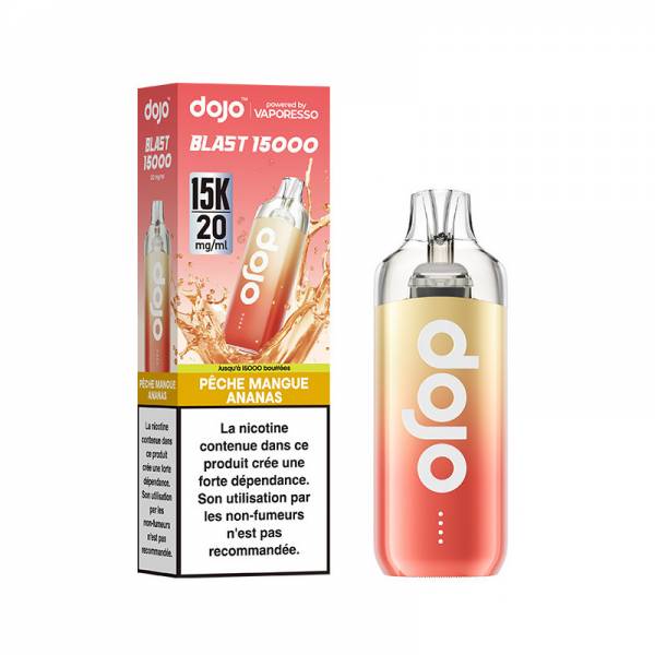 Puff Dojo Blast 15K Vaporesso Pêche Mangue Ananas 20 mg/ml, appareil jaune et orange avec sa boîte.
