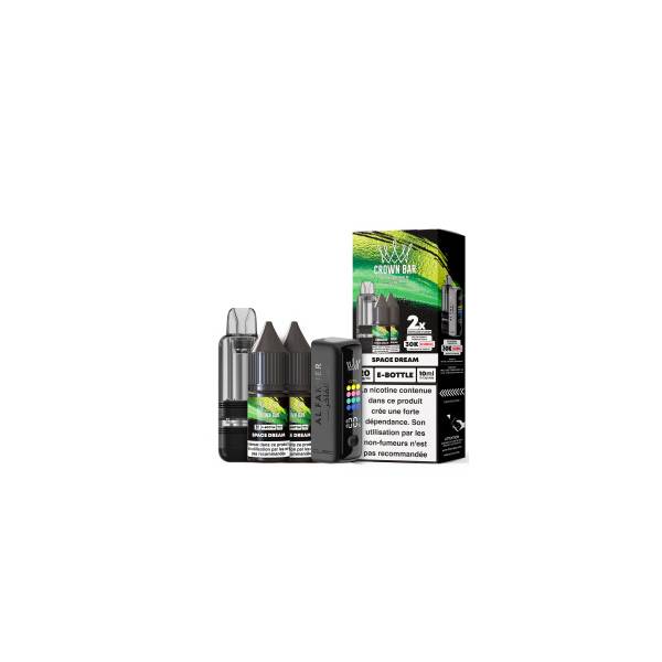 Kit Cubic 30K Al Fakher Space Dream avec appareil, cartouche, deux flacons d’e-liquide et boîte.