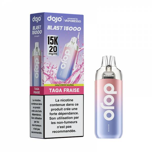 Puff Dojo Blast 15K Vaporesso Taga Fraise 20 mg/ml, appareil rose et bleu avec sa boîte.
