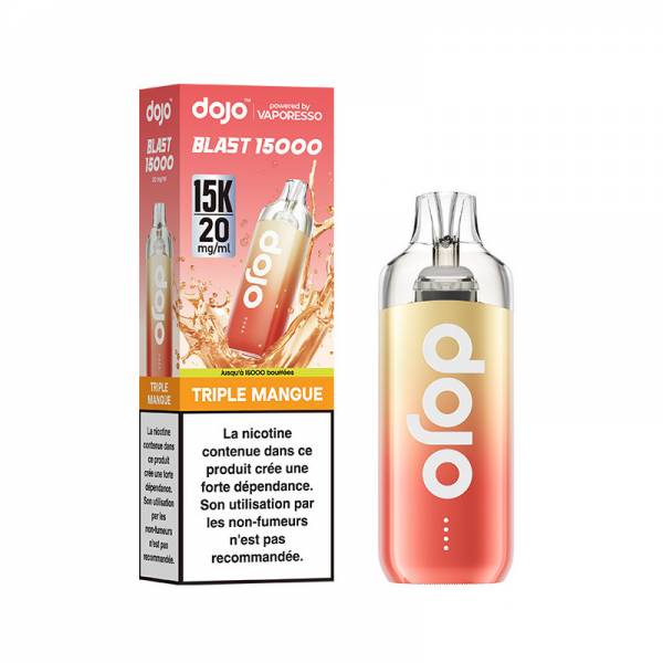 Puff Dojo Blast 15K Vaporesso Triple Mangue 20 mg/ml, appareil jaune et orange avec sa boîte.
