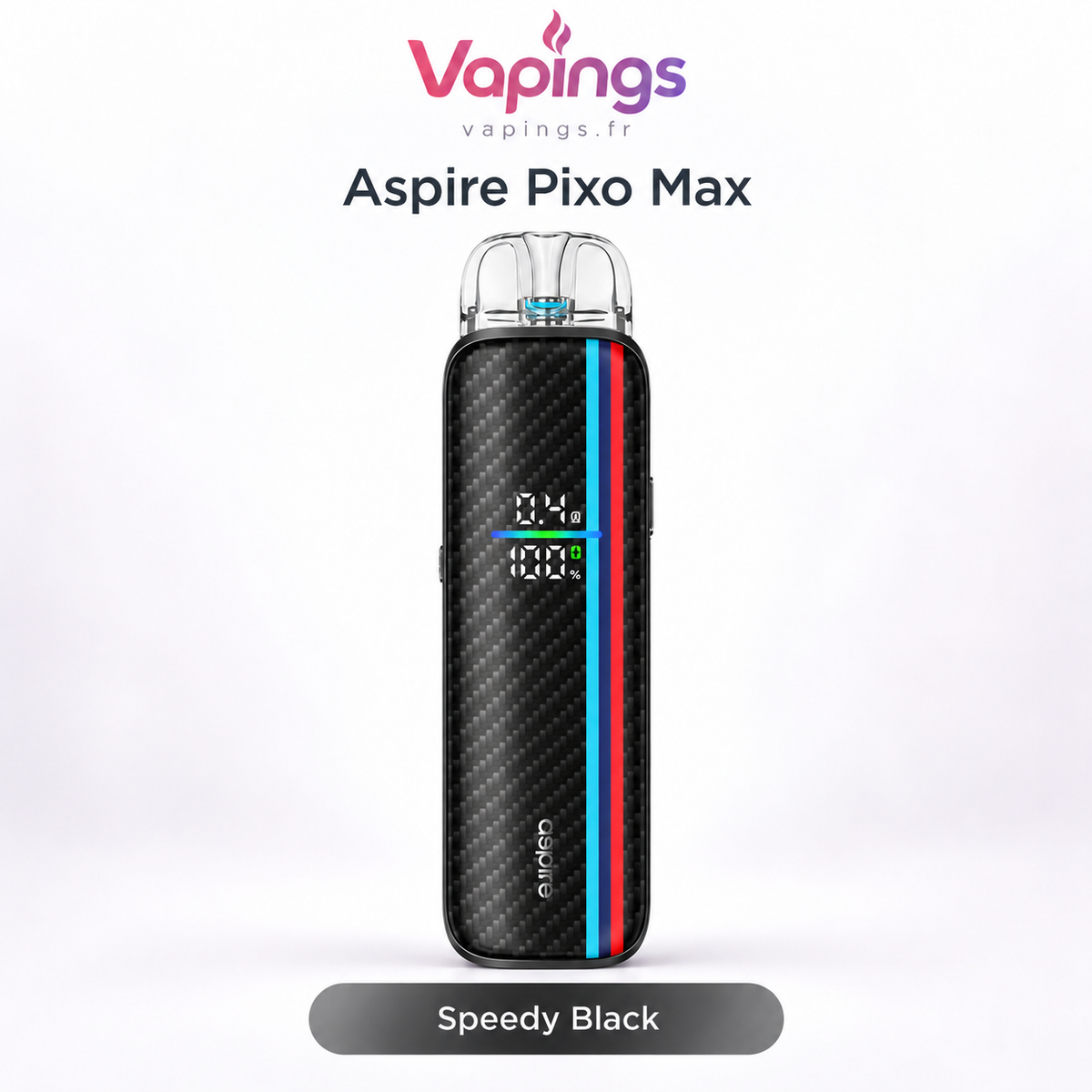 Kit cigarette électronique Aspire Pixo Max Speedy Black, finition noire à motif sportif – Vapings.fr