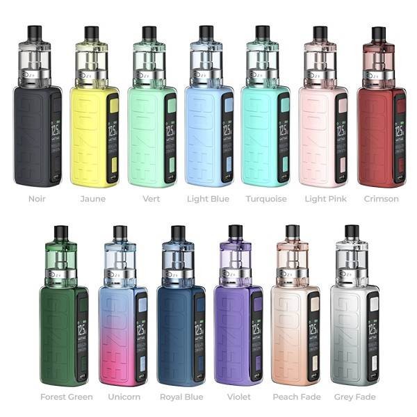 Kit cigarette électronique Gozee Innokin présenté dans ses 13 coloris, avec réservoir transparent et embout noir.