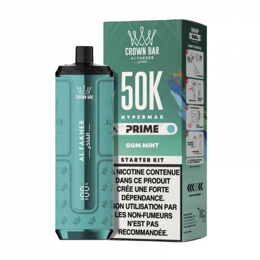 Hyper Max Prime 50K Al Fakher Gum Mint, appareil vert turquoise avec sa boîte.