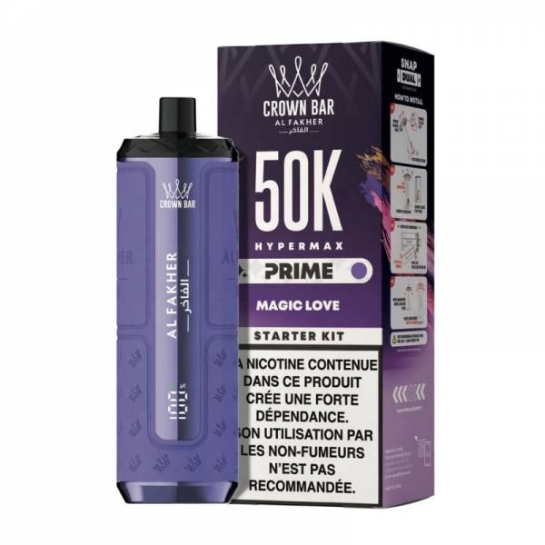 Hyper Max Prime 50K Al Fakher Magic Love, appareil violet avec sa boîte.