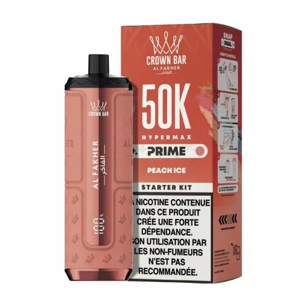 Hyper Max Prime 50K Al Fakher Peach Ice, appareil rose pêche avec sa boîte.