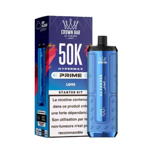 Hyper Max Prime 50K Al Fakher Love, appareil bleu avec sa boîte.